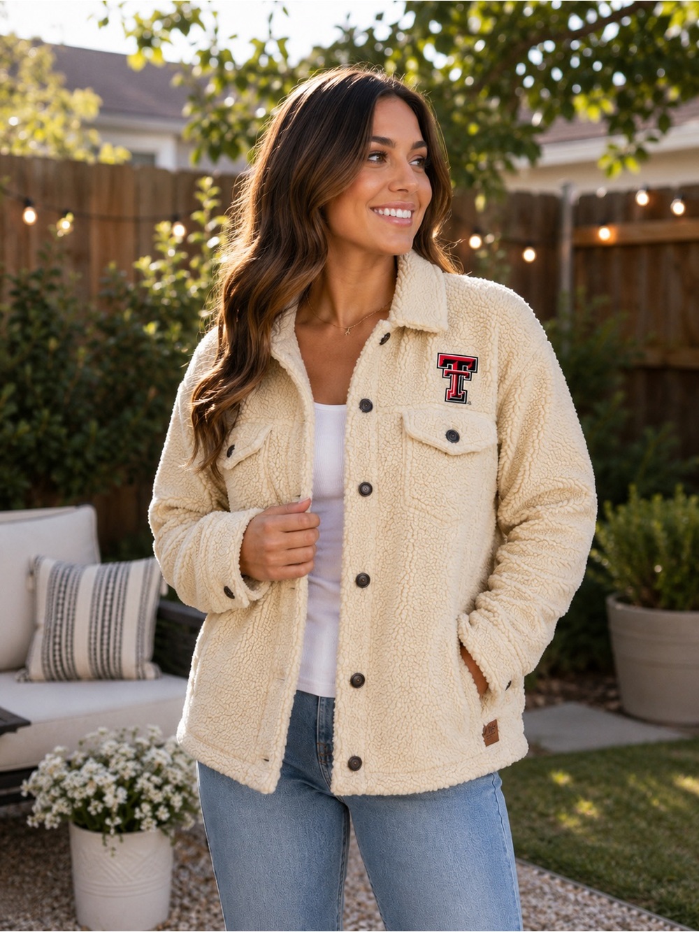 Pressbox Cream Sherpa Snap-Front Jacket with Patch Detail